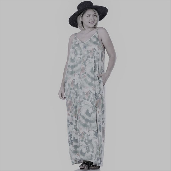 Blue Tie Dye Soft French Terry Cami Maxi Dress Plus Sized 2X - Picture 2 of 15